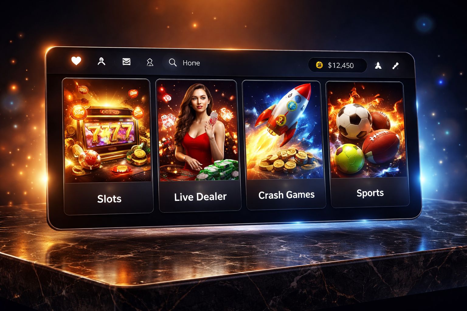777TK casino category grid showing slot reels, live dealer studios and sportsbook access on one screen
